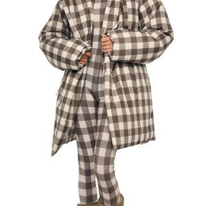 NORMA KAMALI HOODED SLEEPING BAG COAT TO KNEE - BARK BOX PLAID XS/S